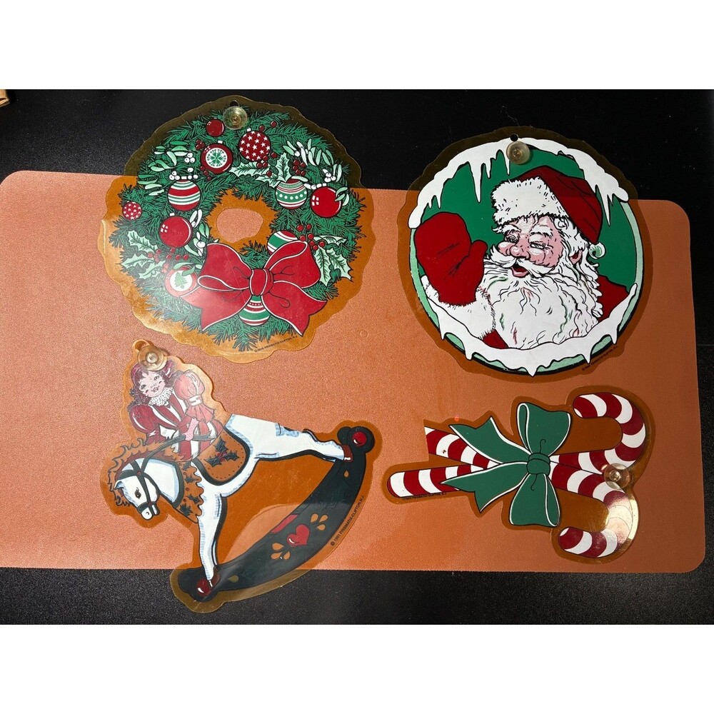 Set of 4 Vintage Santa Holiday Suncatchers, Christmas Tree Ornaments